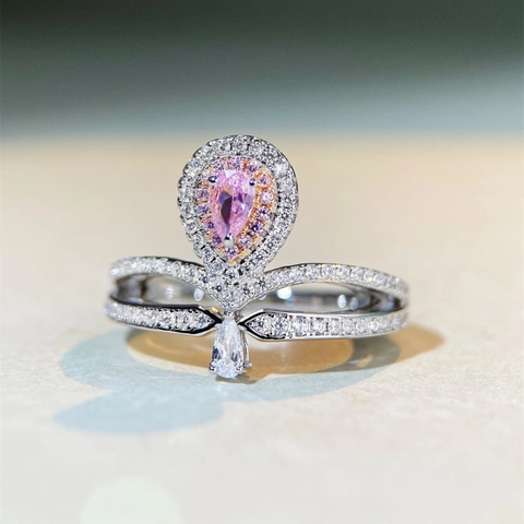 925 Sterling Silver Crown Teardrop Ring Pink Yellow Rhinestone Inlaid Fashion Jewelry Finger Ring Accessories For Women