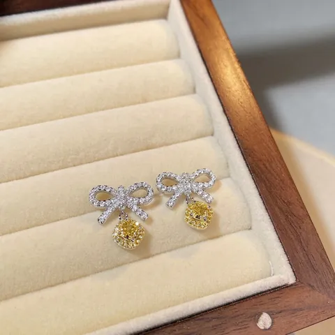 925 Sterling Silver Bow Stud Earrings For Women Fresh Sweet Cushion Cut Rhinestone Inlaid Fashion Jewelry Ear Accessories