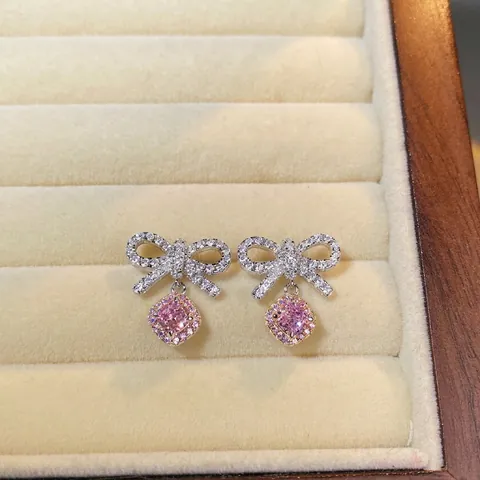 925 Sterlingsilber Schleife Ohrstecker Rosa Gelb Strass Elegant Süß Mode Schmuck Geschenk Für Damen Dating Party