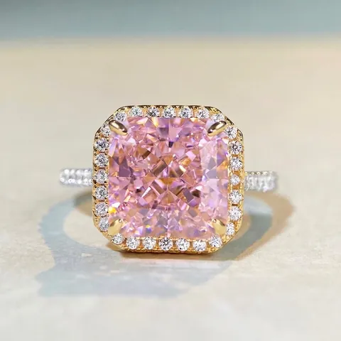 Lussuoso Anello Halo in Argento Sterling S925 con Zirconia Rosa Taglio Radiant per Donna Anello di Fidanzamento in Strass