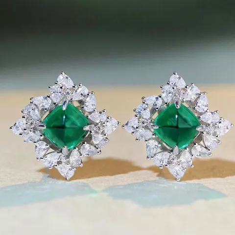 Artificial Emerald Rhinestone Stud Earrings 925 Sterling Silver Earring Post Square Vintage Flower Women Banquet Jewelry
