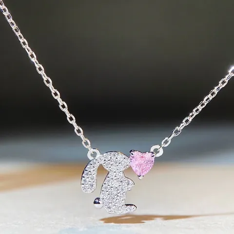 Collar de Plata de Ley S925 Con Conejo Para Mujer Dulce Colgante Corazón Rosa de Circonia Cadena de Clavícula Joyería de Moda