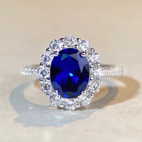 Luxury S925 Sterling Silver Oval Blue Yellow Rhinestone Halo Ring For Women Elegant Engagement Wedding Party Jewelry Gift