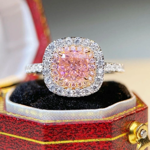 Lussuoso Anello in Argento Sterling S925 con Taglio Cushion Rosa Giallo Strass Doppio Halo per Donna Matrimonio Gioielli Eleganti