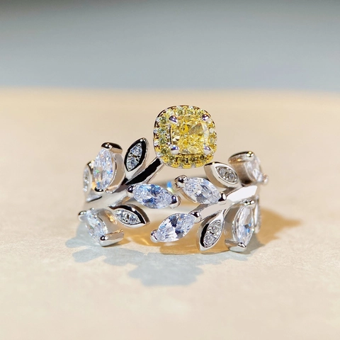 925 Sterling Silver Floral Leaf Open Ring For Women Cushion Cut Yellow Pink Rhinestone Adjustable Jewelry Engagement Anniversary Gift