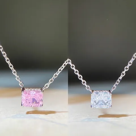 925 Sterling Silver Radiant Cut Rhinestone Pendant Necklace Elegant Square Inlaid Geometric Clavicle Chain Jewelry For Women