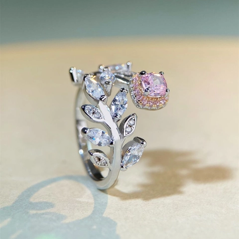 925 Sterling Silver Pink Yellow Rhinestone Leaf Open Ring For Women Geometric Adjustable Fashion Jewelry Party Gift