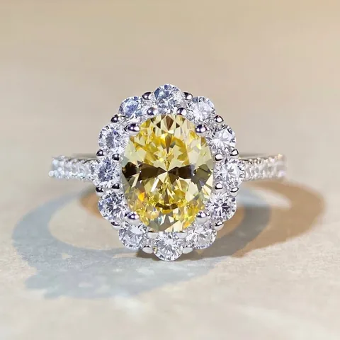Luxury 925 Sterling Silver Oval Yellow Blue Gemstone Ring For Women Halo Setting Rhinestone Finger Ring Wedding Party Jewelry