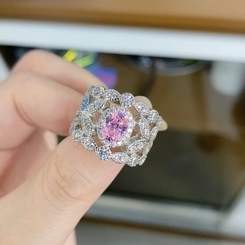 S925 Sterling Silver Lace Wheat Ear Ring For Women Italian Vintage Court Hollow Oval Pink Rhinestone Ring Jewelry Gift