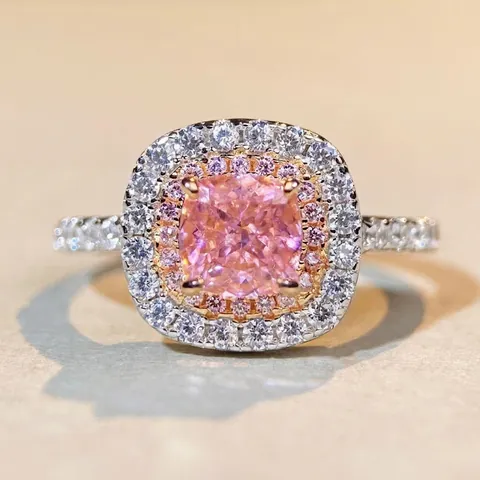 Lussuoso Anello in Argento Sterling S925 con Taglio Cushion Rosa Giallo Strass Doppio Halo per Donna Matrimonio Gioielli Eleganti