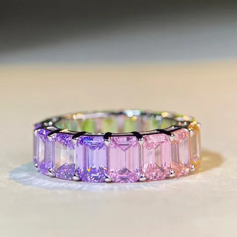 925 Sterling Zilveren Regenboog Eternity Ring Smaragdslijpsel Zirconia Trouwring Mode Sieraden Voor Vrouwen Jubileumcadeau