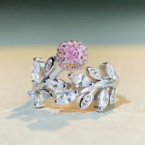925 Sterling Silver Pink Yellow Rhinestone Leaf Open Ring For Women Geometric Adjustable Fashion Jewelry Party Gift