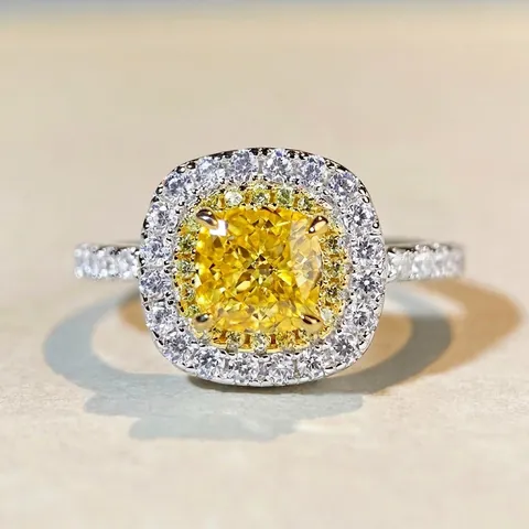 Lussuoso Anello Halo in Argento Sterling 925 Taglio a Cuscino per Donna Scintillante Zirconia Giallo Rosa Anniversario Gioielli