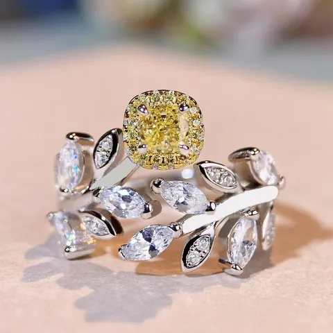 925 Sterling Silver Floral Leaf Open Ring For Women Cushion Cut Yellow Pink Rhinestone Adjustable Jewelry Engagement Anniversary Gift