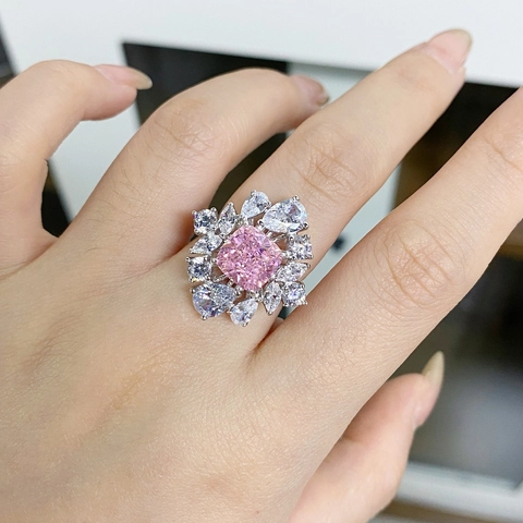 Elegant 925 Sterling Silver Flower Ring For Women Cushion Cut Pink Yellow Green Blue Rhinestone Inlaid Fashion Jewelry Wedding Party