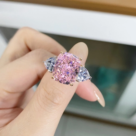 Anello in Argento Sterling 925 Con Strass Rosa Taglio Cushion Design a Tre Pietre Gioielli di Moda Sofisticati da Donna per Feste Quotidiano Misura 5-9