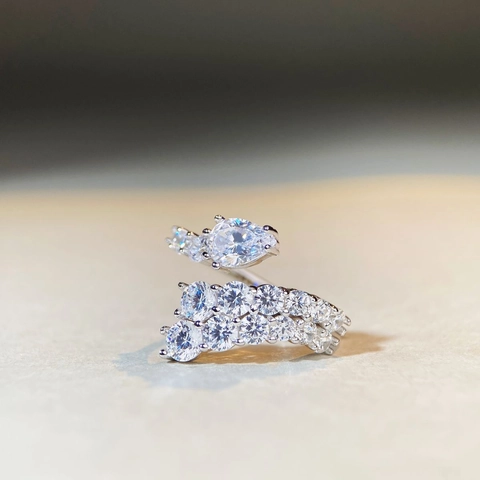 925 Sterlingsilber Wassertropfen Verstellbarer Offener Ring Für Damen Luxus Strass Eingelegt Blatt Geometrischer Fingerring Mode Schmuck