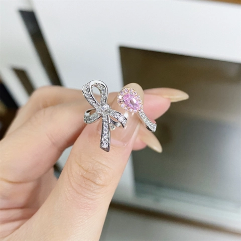 Anillo Abierto de Plata de Ley 925 con Lazo y Diamante de Imitación Rosa Talla Pera Anillo Bypass Ajustable para Mujer Joyería