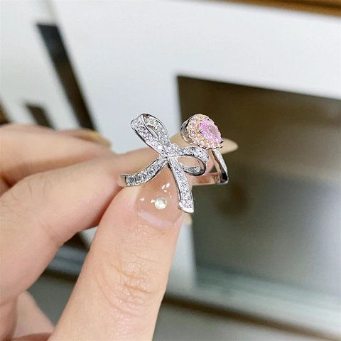 Anillo Abierto de Plata de Ley 925 con Lazo y Diamante de Imitación Rosa Talla Pera Anillo Bypass Ajustable para Mujer Joyería