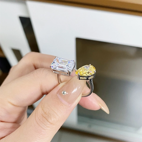 925 Sterlingsilber Toi Et Moi Offener Verstellbarer Ring Smaragdschliff Klar Gelb Strass Doppelstein Mode Schmuck Für Damen