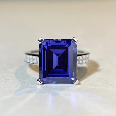 Luxury 925 Sterling Silver Emerald Cut Blue Zirconia Ring Classic Four-Prong Engagement Wedding Ring For Women Fashion Jewelry
