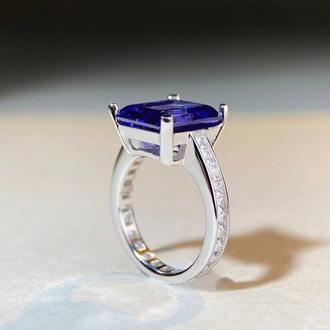 Luxury 925 Sterling Silver Emerald Cut Blue Zirconia Ring Classic Four-Prong Engagement Wedding Ring For Women Fashion Jewelry