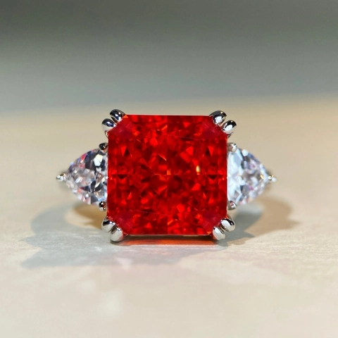 Radiant Schliff Quadratisch Bunt Strass Ring 925 Sterlingsilber Ring Damen Elegant Geometrisch Drei Steine Schmuck Geschenk
