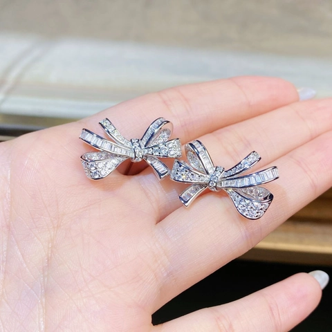 Orecchini a Bottone a Fiocco in Argento Sterling S925 per Donna Gioielli con Fiocco in Strass Pavé Scintillanti Accessori Eleganti