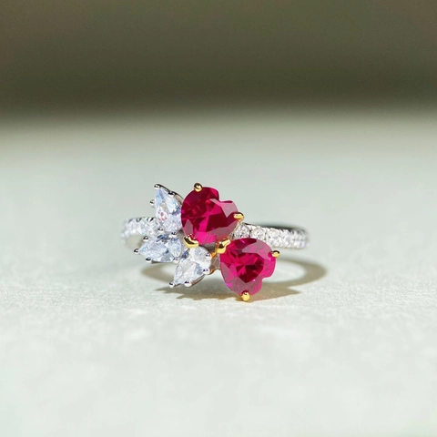 Dubbel Hart Ring Rood Korund 925 Sterling Zilver Fonkelende Witte Zirkoon Accent Romantische Sieraden Voor Vrouwen Cadeau