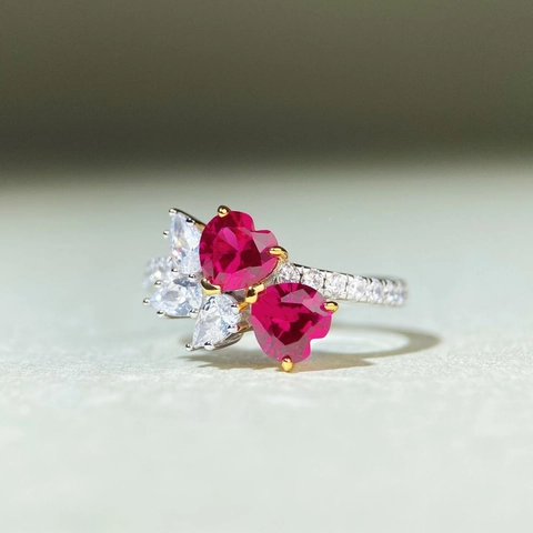 Dubbel Hart Ring Rood Korund 925 Sterling Zilver Fonkelende Witte Zirkoon Accent Romantische Sieraden Voor Vrouwen Cadeau