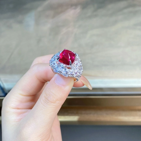 Lussuoso Anello in Argento Sterling 925 per Donna Quadrato Taglio Pan di Zucchero Rosso Verde Strass Halo Anello Gioielli per Matrimonio Regalo