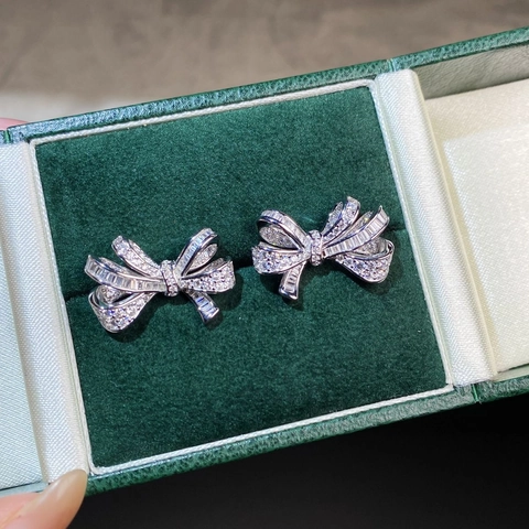 Orecchini a Bottone a Fiocco in Argento Sterling S925 per Donna Gioielli con Fiocco in Strass Pavé Scintillanti Accessori Eleganti