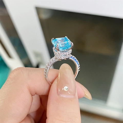 Luxurious 925 Sterling Silver Asscher Cut Aquamarine Zirconia Ring For Women Elegant Four Prong Wedding Finger Ring Jewelry