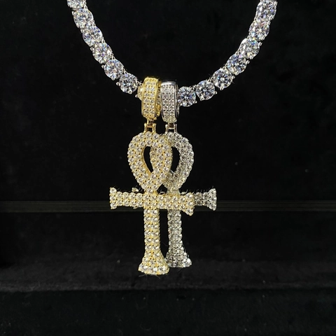 Lujoso Colgante Cruz Ankh de Plata de Ley 925 Hip Hop Moissanita Pavé Joyería Iced Out para Hombre Mujer Religioso