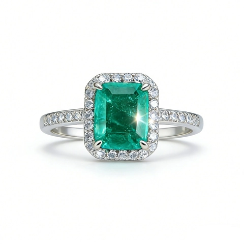 Elegant 925 Sterling Silver Rectangle Emerald Ring For Women Luxurious Halo Inlaid Rhinestone Geometric Finger Ring Commuting Jewelry Gift