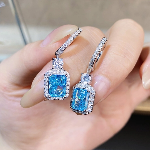 925 Sterlingsilber Aquamarinblau Zirkonia Hängeohrringe Elegant Voll Strass Geometrischer Schmuck Für Damen