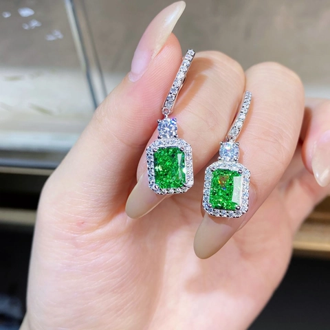 925 Silver Radiant Cut Rectangle Gemstone Stud Earrings For Women Rhinestone Halo White Gold Plated Jewelry High-end Earrings