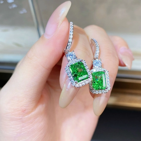 925 Silver Radiant Cut Rectangle Gemstone Stud Earrings For Women Rhinestone Halo White Gold Plated Jewelry High-end Earrings