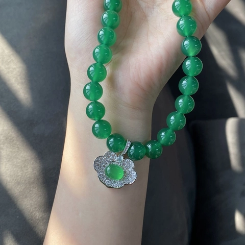 S925 Sterlingsilber Natürlicher Grüner Chalcedon Perlenkette Armband Ruyi Anhänger Mit Strass Neuer Chinesischer Stil Damen Schmuck