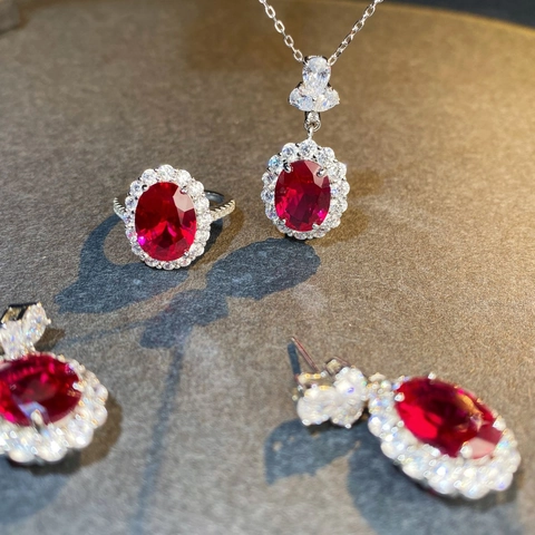 Orecchini a Bottone Halo in Argento Sterling 925 Ovale Rosso Blu Strass Collana con Pendente per Donna Gioielli Eleganti Vintage di Lusso