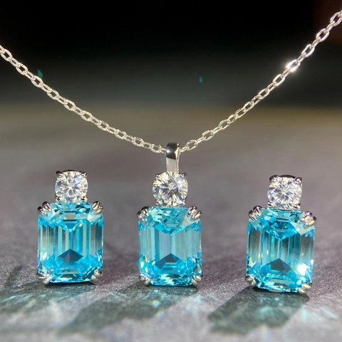 925 Sterling Silver Emerald Cut Rhinestone Pendant Necklace Stud Earrings Set Elegant Gemstone Jewelry Set For Women