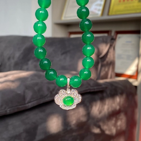 S925 Sterlingsilber Natürlicher Grüner Chalcedon Perlenkette Armband Ruyi Anhänger Mit Strass Neuer Chinesischer Stil Damen Schmuck