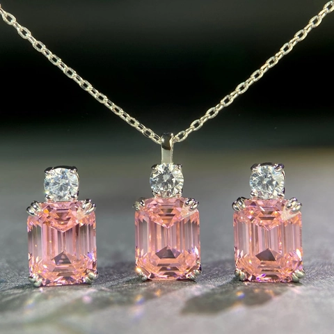 925 Sterling Silver Emerald Cut Rhinestone Pendant Necklace Or Stud Earrings Geometric Shiny Jewelry For Women Elegant Fashion Accessory