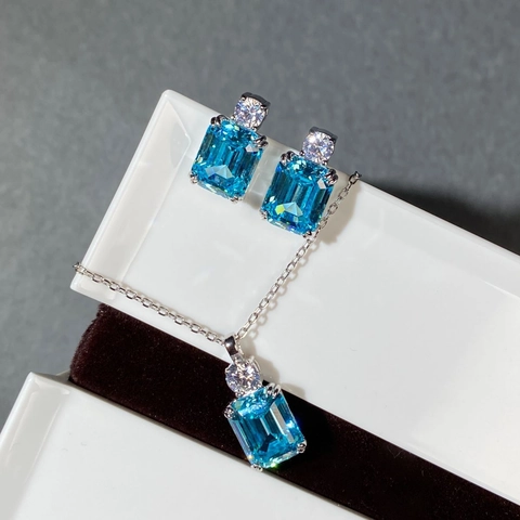 925 Sterlingsilber Smaragdschliff Strass Anhänger Halskette Ohrstecker Set Elegant Edelstein Schmuckset Für Damen