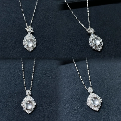 Elegante Collana Con Pendente in Giada Schiuma d'Acqua Naturale Argento Sterling 925 Ovale Cabochon Strass Gioielli per Donna