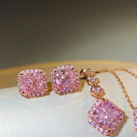 925 Argento Sterling Rosa Strass Gioielli Collana Orecchini Bracciale da Donna Elegante Pendente Halo Quadrato Accessorio Moda