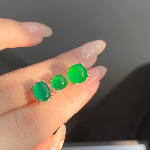 Eleganti Orecchini a Bottone in Argento Sterling 925 Calcedonio Verde Stile Cinese Vintage Tondi Ovali Agata Orecchini per Donna Gioielli di Lusso