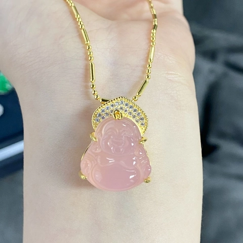 Collana con Pendente Buddha in Calcedonia Rosa Bianca in Argento Sterling S925 per Donna Eleganti Gioielli di Moda Intarsiati con Strass