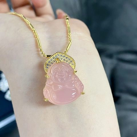 Collana con Pendente Buddha in Calcedonia Rosa Bianca in Argento Sterling S925 per Donna Eleganti Gioielli di Moda Intarsiati con Strass