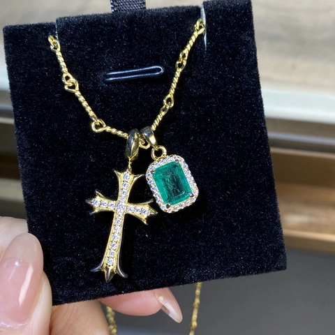 S925 Sterling Silver Cross Pendant Necklace Emerald Green Geometric Stone Gold Plated Gothic Twisted Rope Chain Jewelry